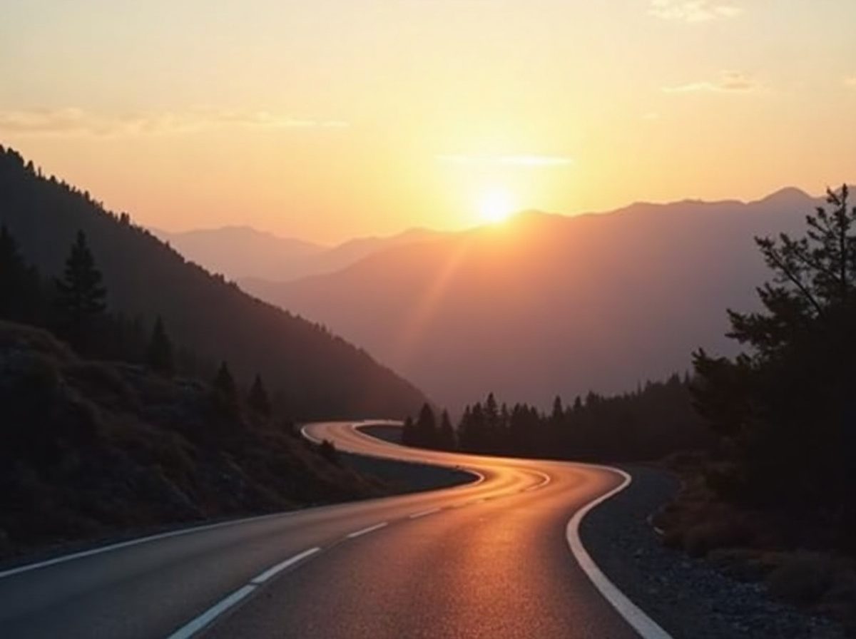 Sunrise over a quiet mountain road